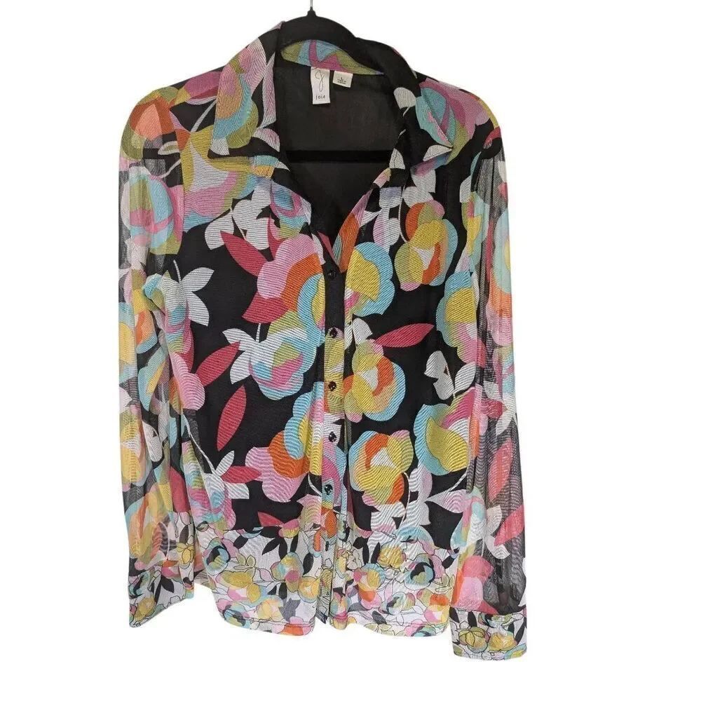 Joie Mesh Semi Sheer Floral Button Front Shirt Artsy Retro Women's Large